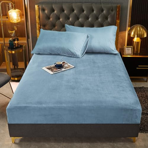 Winter Leintuch 180x200 Hellblau Blau Plüsch Warme Kuschelige Spannbettlaken Bettlaken Boxspringbett Frottee Samt Spannleintuch 180 x 200 Doppelbett Uni Bettspanntuch für Hohe Matratze