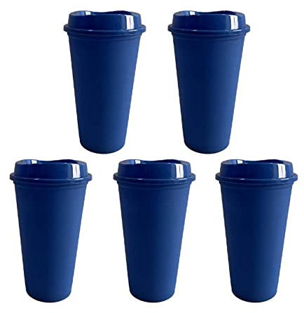 PEEHOO Tazza in tinta unita da 473 ml con coperchio Tazza da caffè Bicchiere riutilizzabile Bicchiere in plastica Bicchiere in plastica con finitura opaca, 5 pezzi, blu, 473 ml, 16 once