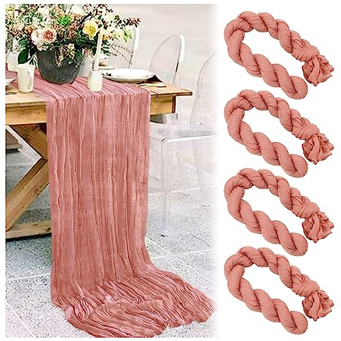 MOTONG 4 Stück Käsetuch Tischläufer 90x 300cm Staubiges Rosa Seihtuch-Tischläufer Musselin Dekostoff Rustikaler Boho Gaze-Stoff Tischläufer für Hochzeit, Party und Geburtstag Dekoration