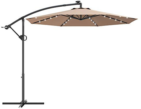 RELAX4LIFE 3M Ombrellone Portatile da Esterno con Luci LED, Altezza e Inclinazione Regolabile, 8 Costole in Fibra di Vetro, Adatta per Giardino, Parco, Cortile (Beige)