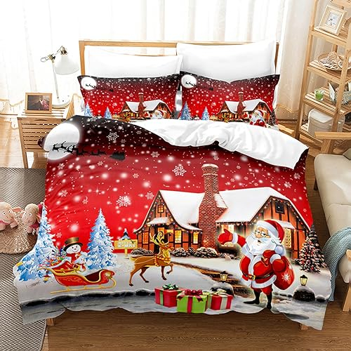 UGZDEA Weihnachts Bettwäsche Set 135x200cm, 3D Christmas Bettwäsche-Set Mit 2 Kissenbezügen, Weihnachtsmann, Weihnachtsbaum, Hirsche, Weihnachten Geschenk Für Teenager (D, 135x200cm)