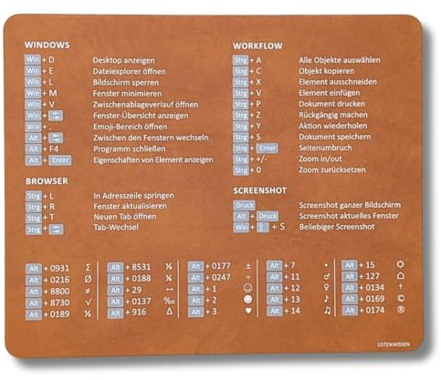 Listenwissen Mauspad mit Shortcuts (echtes Leder, recycelt) – antirutsch & deutsch für Windows I nachhaltig I Tastenkombinationen I Tastenkürzel I Mousepad I Mokka