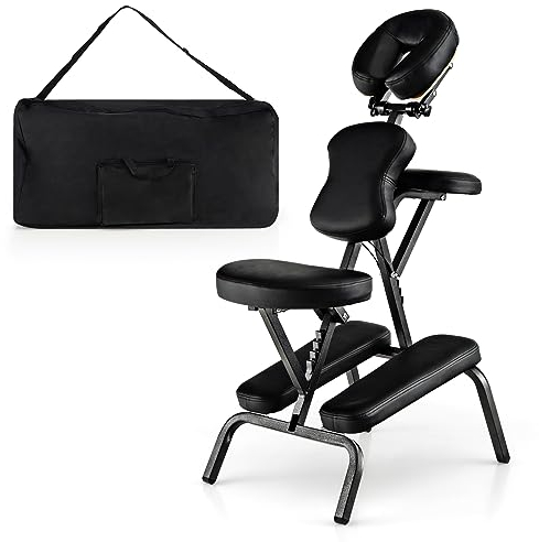 HOMASIS Faltbarer Massagesessel, Massagestuhl 110-120 cm höhenverstellbar, tragbarer Massagestuhlpaket mit Tragetasche, Therapiestuhl aus Oxford-Stoff, 55 x 48 x 120 cm (Schwarz)