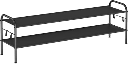 SONGMICS Zapatero, Organizador Zapatos de 2 Niveles, Estante Metálico para Zapatos con 4 Ganchos Laterales, para 12 Pares, Altura Ajustable para Entrada, Pasillo, Armario, Fácil Montaje, Negro Tinta