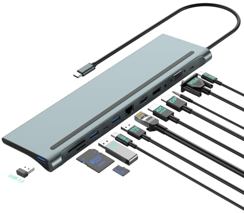PWAYTEK USB C Docking Station Dual Monitor, 12 in 1 Laptop Docking Staion, Typ C Hub Extended Display Multiport Unterstützung HDMI, DP, VGA, USB 3.0/2.0, SD/TF Audio für Mac, Dell, HP, Lenovo Laptop