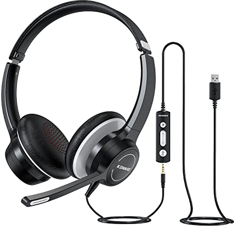 KONNAO USB Headset mit Mikrofon, 3,5mm verdrahtete Headsets mit Noise Cancelling Mikrofon, Stereo Headphones mit MIC, In-Line Steuerungen, Work Headset