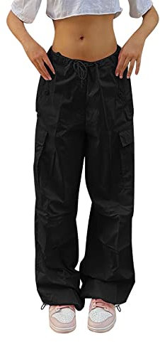 Cargohose Damen High Waist Y2K Baggy Cargo Hose Frauen Jogginghose Track Pants Streetwear mit Taschen Parachute Pants Hip Hop Hose Streetwear Vintage Freizeithose 2024 Spring