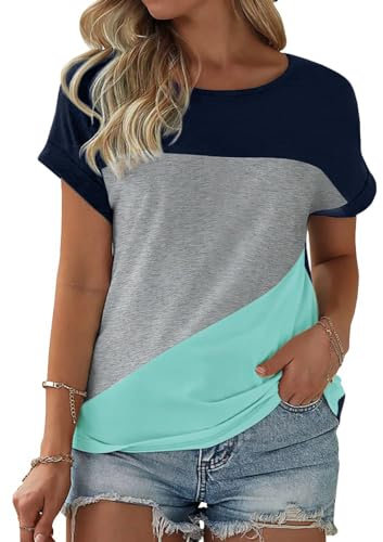 Fisoew Damen T-Shirt Rundhals Farbblock Kurzarm Shirt Casual Oberteil Sommer Locker Baumwolle Tee Tops (Blau, XXL)