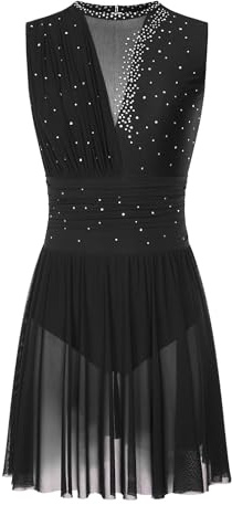 dPois Femme Robe Patinage sans Manches Robe Danse Ballet Strass Brillants Classique Académique Justaucorps Gymnastique Tenue Danse Type E Noir M