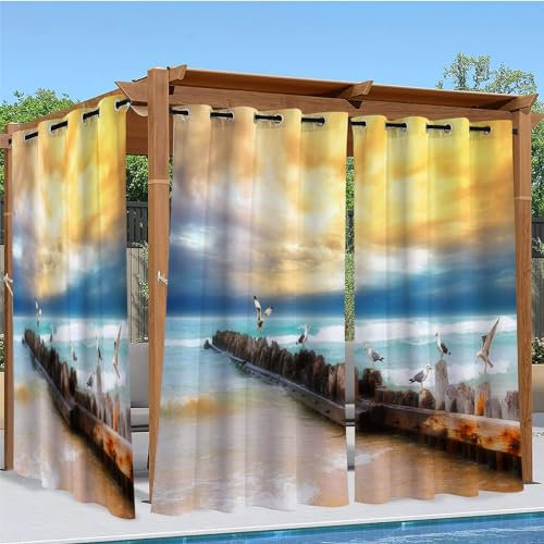 Linfye Outdoor Vorhang Wetterfest, Gelb Outdoor Vorhänge Wasserdicht mit Ösen Möwe Sichtschutz Outdoor Gardinen für Draussen Terrasse Balkon Pavillon Garten Pergola 2er Set B 132 x H 240 cm