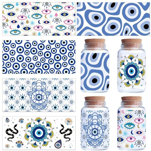 CREATCABIN 5 Sheets Blue Evil Eye Stickers for Glass Cups - Rub On Transfers, Decals, UV DTF Cup Wrap, PVC Waterproof Hamsa Hand Boho Stickers for DIY Furniture Crafts - 9.44x4.33Inch