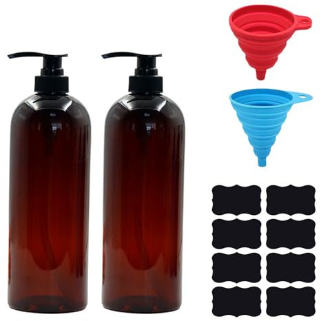 JEKUGOT Pump Bottle Dispenser, 2 Pcs 1000ml/35.2oz Refillable Empty Press Pump Bottles, Liquid Soap Dispenser Storage Holder Container for Lotions, Shampoo, Conditioner, with Funnel, Label Paper
