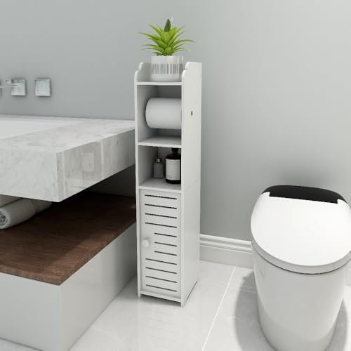 HUOLE Support Papier Toilette Armoire,Petit Meuble de Rangement pour Toilettes, Meuble de Salle de Bain sur Pied Design Moderne, Colonne, Armoire/penderie,Étagères Réglables