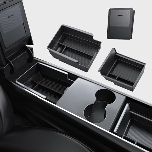 BASENOR 3PCS Tesla Model Y Model 3 Center Console Organizer [Carbon Fiber Edition] Armrest Hidden Storage Box, Custom for Model Y 2021-2024 Tesla Model 3 2021-2023, Tesla Interior Accessories