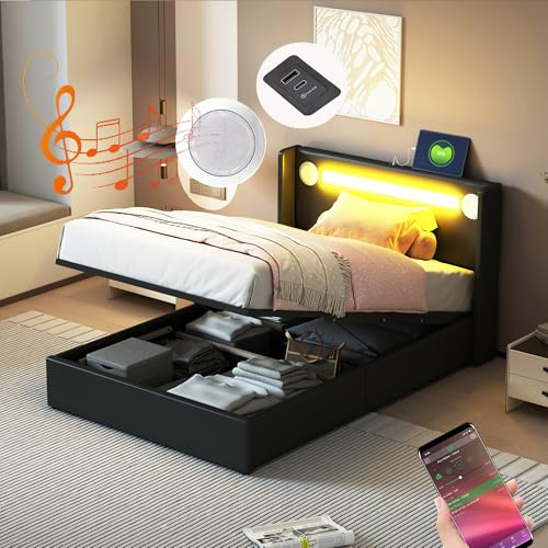 Bgsryao Gepolstertes Bett aus PU-Material, 90 x 200 cm, Bett mit LED-Lichtleiste, Bluetooth-Player und USB-Aufladung, großer Stauraum, mit Lattenrost, Schwarz (Matratze nicht im Lieferumfang