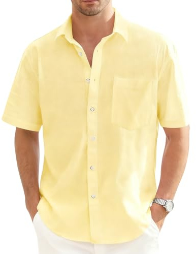 Men's Linen Cotton Shirts Short Sleeve Henley Shirt Regular Fit Casual Solid Shirt Lightweight Summer Beach Shirts with Pocket