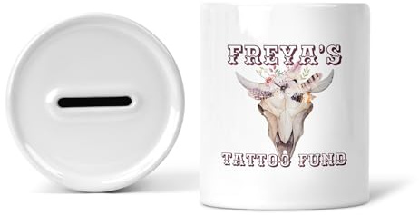 Custom tattoo savings fund ceramic money box gifts, Personalised piggy bank gift with any name, Customisable ceramic coin bank for tattoo lovers, Personalised gift money box with any name