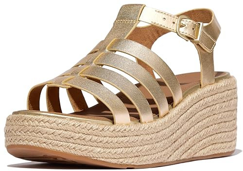Fitflop Women's Platform Espadrilles Leather Fisherman Wedge Sandals, Silver, 5