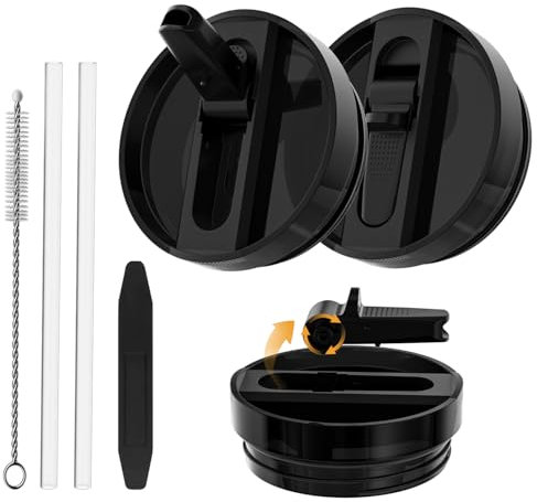 CloudValley 2 Pack Tumbler Flip Straw Lid Replacement for Stanley Quencher 40 oz, Spill-Proof Lids with Tritan Straw, [Detachable & Easy to Clean] Reusable Anti-Leak Cup Cover Accessories,black