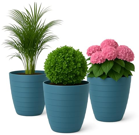 Mypicompany Maceteros Decorativos Interior y Maceteros Grandes Exterior - 3X Macetas Grandes Azul Mate Elegante (30 cm) Macetas Plastico con Drenaje - Tiestos para Plantas, Jardín, Terraza y Balcón
