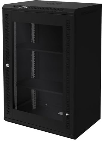 ECD Germany Netzwerkschrank 18 HE, Serverschrank 19 Zoll, Schwarz, Wandmontage, 450 mm Tiefe, 600 x 900 x 450 mm, voll montiert, Server Gehäuse mit abschließbarer Sicherheitsglastür, Traglast 60 kg