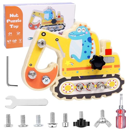 Pellinch Montessori Spielzeug ab 3 Jahre, Montessori Kinder Schrauben Spielzeug ab 3 4 5 Jahre, Busy Board Holz Spiel, Bagger Spiel, Feinmotorik Lernspiel, Geschenk für Mädchen Junge