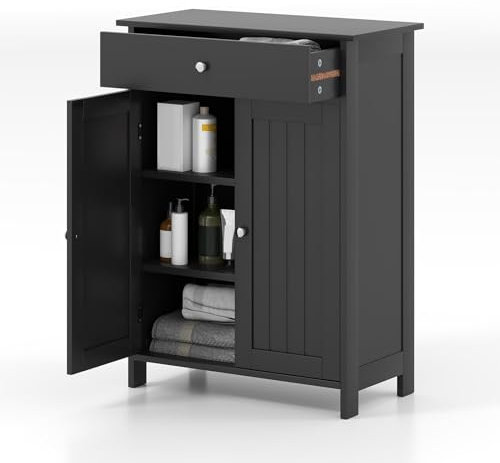 COSTWAY Meuble de Rangement de Salle de Bain, Armoire Autonome avec 2 Portes, 1 Tiroir et 1 Étagère Ajustable, Commode Moderne pour Salon, Cuisine, Entrée (Noir)