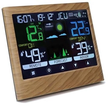 mooov 477534 Stazione Meteo Interna con Sensore Esterno - Temperatura, Tasso Umidità, Fasi Luna, Previsioni Meteo - Funzione Sveglia - Effetto Legno - Marrone