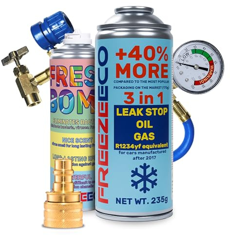 FREEZECO 3-in-1 - R1234yf Kältemittelersatz für die Befüllung von Klimaanlagen für Fahrzeuge nach 2016, 235g + Druckschlauch mit Manometer + YF-Adapter + Refresher-Bombe 136g