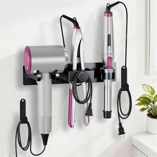 DOTCUTY Fönhalter Ohne Bohren, Föhn Halterung, Lockenstabhalter, Glätteisenhalter, 3-in-1 Badezimmer Haarwerkzeug-Organisator-Regal, Selbstklebend Fönhalterung aus Metall für Bad Hotel