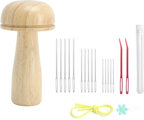 ZRUEWOT Stopfpilz Set Aus Holz Stopfei mit 17 NäHnadeln Webernadel mit Kugelspitze Set Stopfpilz mit Spannring für Diy HandnäHen, Socken, HüTe, Kleidung,Schals