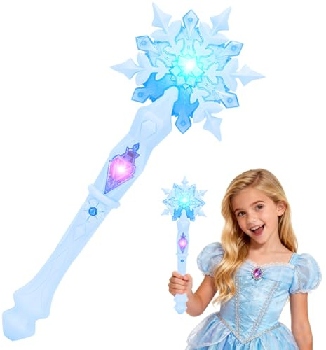 Waldspring Baguette Magique Lumineuse Princesse, Baguette Flocon de Neige, DIY Flocon Autocollants, Baguette-Lumineux Fee Enfant Fille, Carnaval Noël Halloween Winter Cosplay (Bleu)