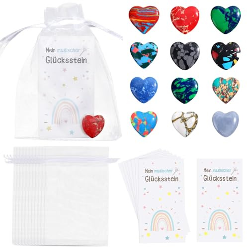 JUNEBRUSHS 12 pietre portafortuna per bambini, 12 pietre a cuore con pietre preziose, 12 sacchetti di iuta e pietre magiche, set di piccole pietre preziose per regalo di compleanno (2 cm)