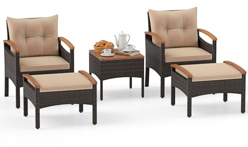 COSTWAY Rattan Gartenmöbel Set, Balkonmöbel, Balkonset inkl. 2 Stühle mit Hocker, Tisch & Kissen, Tischplatte und Armlehnen aus Akazienholz, Terrassenmöbel, Gartengarnitur, Sitzgruppe (Khaki)