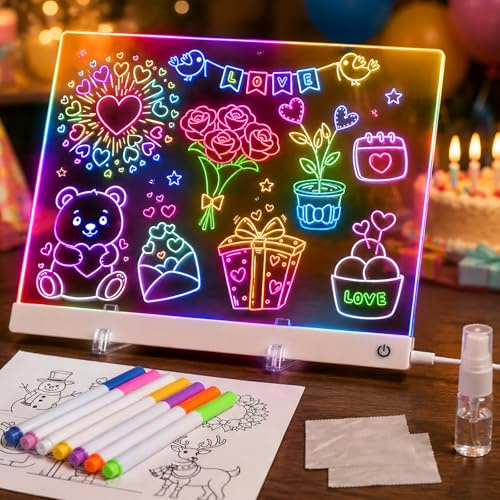CILIENG LED Zeichenbrett Kinder 35x25cm, Acryl LED Maltafel mit 13 Farben & 6 Modi, Leuchtzeichentafel mit 7 Bunte Marker & Pausheft, Kreatives Geschenk für Mädchen Jungen