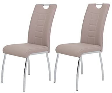 Hela Tische, 2er Set Esszimmerstuhl Andrea, Bezug Kunstleder Cappuccino, Rundrohgestell Chrom, 100x43x64 cm
