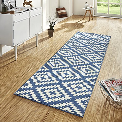 Hanse Home Teppich Läufer Nordic 80x500cm – Teppichläufer Weicher Kurzflor Teppich Modern Raute Design Läufer für Flur, Schlafzimmer, Kinderzimmer, Badezimmer, Wohnzimmer, Küche Dekoläufer – Blau
