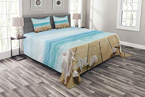 ABAKUHAUS Muscheln Tagesdecke Set, Sonnenschein Malediven Deck, Set mit Kissenbezügen Romantischer Stil, für Doppelbetten 220 x 220 cm, Sand BrownPale braunes beige