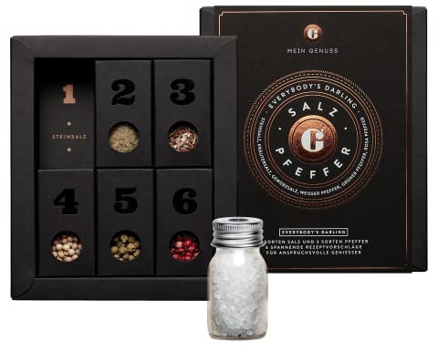 MEIN GENUSS Gewürzset Salz und Pfeffer – Salz und Pfeffer Probier-Set – Geschenk für Kochanfänger und Kochprofis – Premium Geschenkset – 3 Sorten Salz und 3 Sorten Pfeffer + 6 gesunde Rezepte