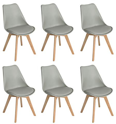 EGGREE 6er Set Esszimmerstühle mit Massivholz Buche Bein SGS Geprüfter, Retro Design Gepolsterter Stuhl Küchenstuhl Holz, Grau