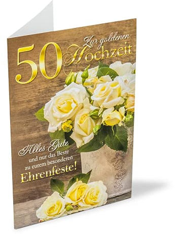 KE - Klassische und Liebevolle Glückwunschkarte zur Goldenen Hochzeit, Karte zu 50 Jahre Hochzeitstag, DIN A6 Klappkarte inkl. Umschlag, Ohne Innentext, Motiv: Gelbe Rosen