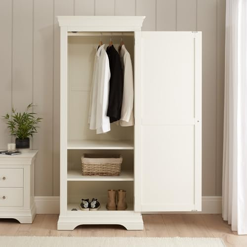 Wilmslow White Painted 1 Door Single Wardrobe - Elegant French Inspired Design, White Satin Finish, Adjustable Shelves, Bedroom Storage - H 1905mm x W 800mm x D 580mm