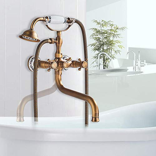 Gorheh Messing Antik Badewanne Wasserhahn In Wand 30Cm Langen Auslauf Badewanne Mischbatterie Messing Drehen Lange Nase Bad Dusche Set Keramik Handbrause@Wannenarmatur B