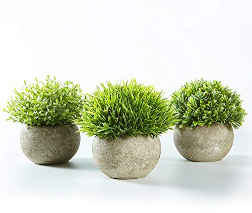 Jobary Set de 3 Plantas Artificiales con Césped Verde en Macetas Grises, Plantas Pequeñas Sintéticas de Plástico Decorativas, Ideales para la Decoración de la Casa, Cocinas, Oficinas y Exteriores
