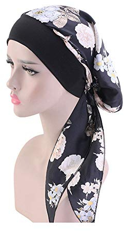 JUHONNZ Chimio Turban für Damen, Satin, Turbankappe aus Baumwolle, elastisch, Musselin, Bandana, Kappe für Frauen, Krebs, Black Flower, Einheitsgröße