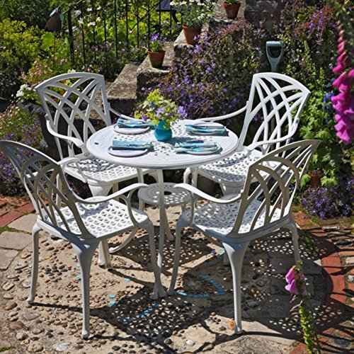 Lazy Susan 80 cm Runder Anna Gartentisch in Weiß mit 2 April Stühlen und beige Sitzkissen | Nachhaltiges Sandguss-Aluminium | Wetterfest | Rostfrei | Wartungsarm | 3 Jahre Garantie