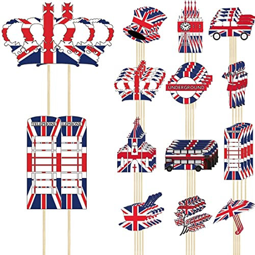 Union Jack Cake Toppers, 56 Stück Queen Jubilee Cake Toppers, Queens Platinum Jubilee Topper 2022, Union Jack Party Supplies Crown Cake Toppers, Cupcake Toppers Queens Jubilee 2022 Topper