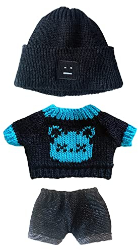 niannyyhouse 20cm Plüsch Puppe Kleidung Hut Kätzchen Pullover Flanschen Jeans Kpop Puppe Kleidung (Schwarz+Blau)