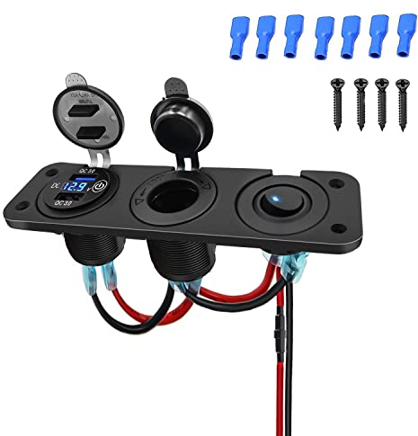 QC 3.0 USB Steckdose KFZ,Auto USB Steckdose mit Blau LED 12V-24V Zigarettenanzünder Adapter mit Dual USB Port Wippschalter Panel auf Motorrad Boot LKW Wohnwagen RV (3 Löcher)