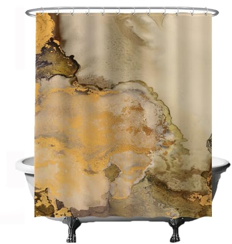 Ulticool Tenda da doccia – colori marmo – 180 x 200 cm – lavabile – anti muffa – con 12 anelli – oro seppia marrone